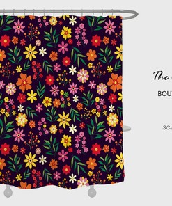 Floral Plant Watercolor Flowers Shower Curtain, Black Boho Bathroom Bathtubs Home Decor