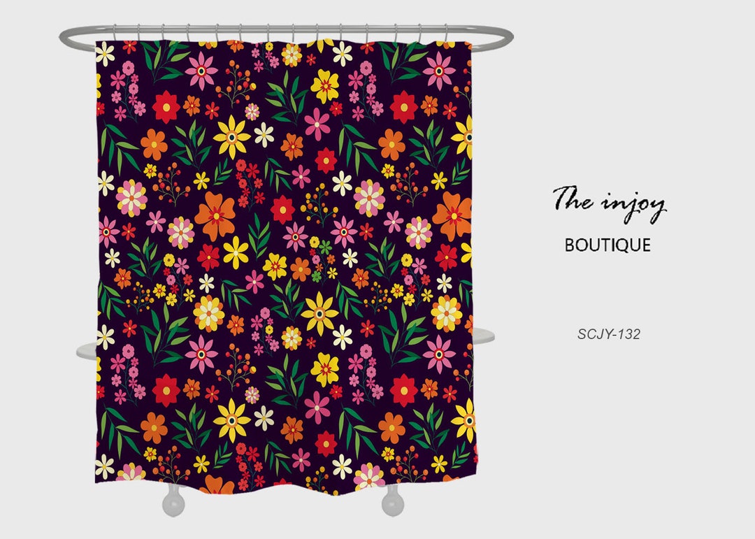 Floral Plant Watercolor Flowers Shower Curtain, Black Boho Bathroom Bathtubs Home Decor