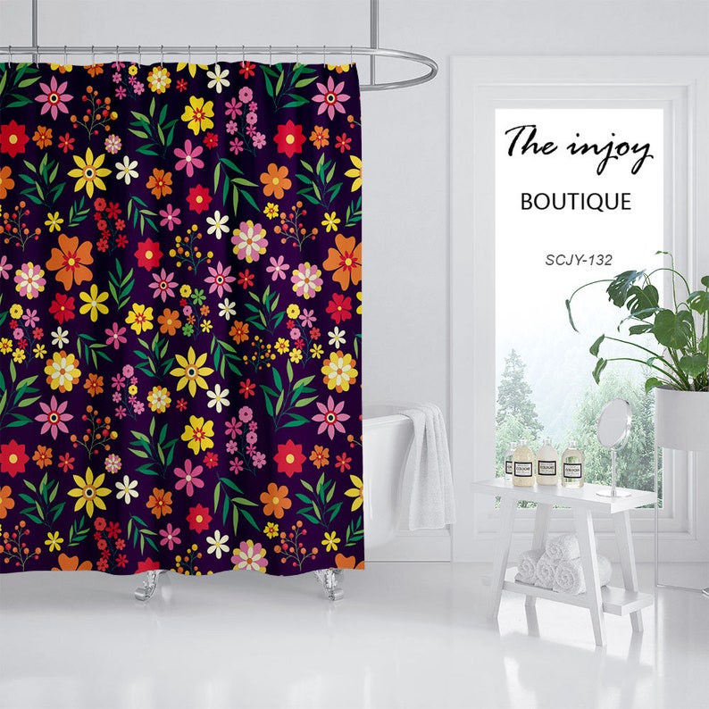 Floral Plant Watercolor Flowers Shower Curtain, Black Boho Bathroom Bathtubs Home Decor - Image 2