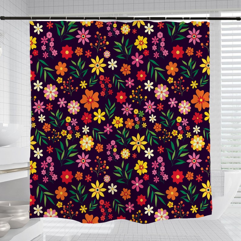 Floral Plant Watercolor Flowers Shower Curtain, Black Boho Bathroom Bathtubs Home Decor - Image 3