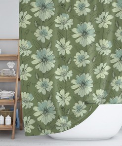 Floral Shower Curtain, Bohemian Shower Curtain, Green Boho Botanical Bath Curtain, Modern Bath Design