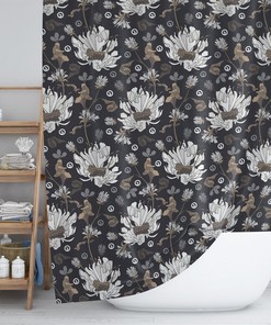 Floral Shower Curtain, Bohemian Shower Curtain, White Grey Brown Flowers Bath Curtain, Pop of Color, Boho Bath Design