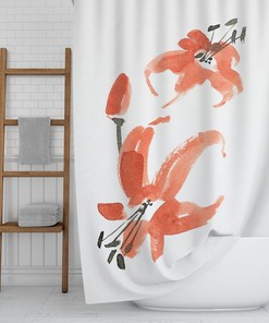 Floral Shower Curtain, Botanical Floral Minimalist Shower Curtain, Japanese Bath Decor, Red Black White Bath Curtain