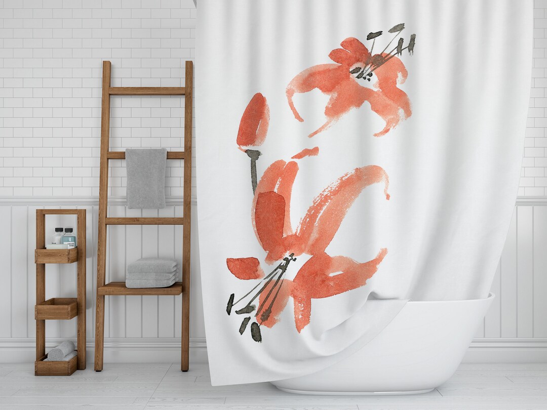 Floral Shower Curtain, Botanical Floral Minimalist Shower Curtain, Japanese Bath Decor, Red Black White Bath Curtain