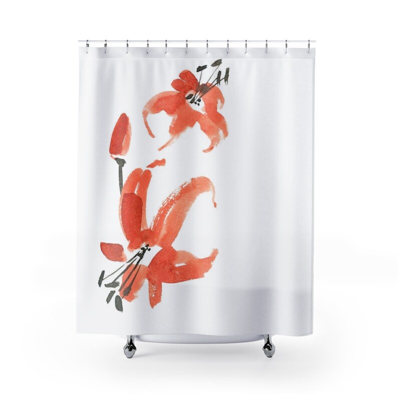 Floral Shower Curtain, Botanical Floral Minimalist Shower Curtain, Japanese Bath Decor, Red Black White Bath Curtain - Image 2