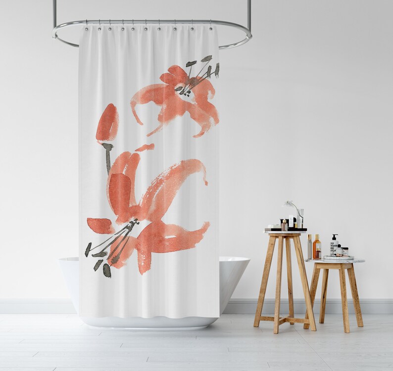 Floral Shower Curtain, Botanical Floral Minimalist Shower Curtain, Japanese Bath Decor, Red Black White Bath Curtain - Image 3