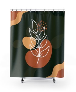 Floral Shower Curtain, Botanical Tropical Green Orange Leaves Bath Curtain, Abstract Modern Shower Curtain