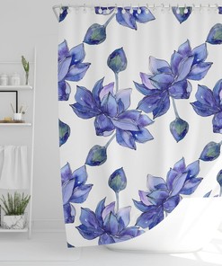 Floral Shower Curtain For Bathroom, Fabric Boho White Shower Curtain With Blue Lotus Flowers, Bathroom Decor