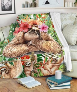 Floral Sloth Sloth Lover Sherpa Fleece Blanket Gifts for Family, for Couple