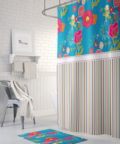Floral Striped Shower Curtain Optional Towels and Bath Mat