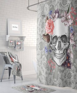 Floral Sugar Skull Shower Curtain, Day Of The Dead, Bath, Towels, Faux Lace