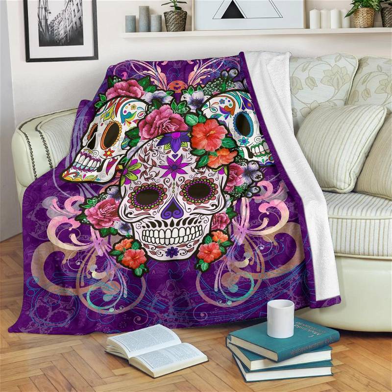 Floral Sugar Skulls Sherpa Fleece Blanket Gifts for Family, for Couple