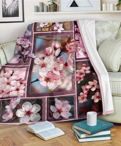 Flower Cheery Blossom Pink Sherpa Fleece Blanket Gifts for Family, for Couple