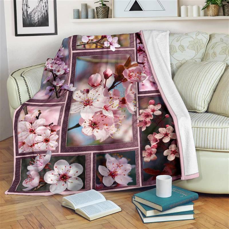 Flower Cheery Blossom Pink Sherpa Fleece Blanket Gifts for Family, for Couple