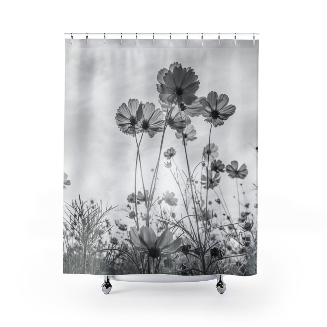 Flower Cosmos Daisies Spring Shower Curtain Black White