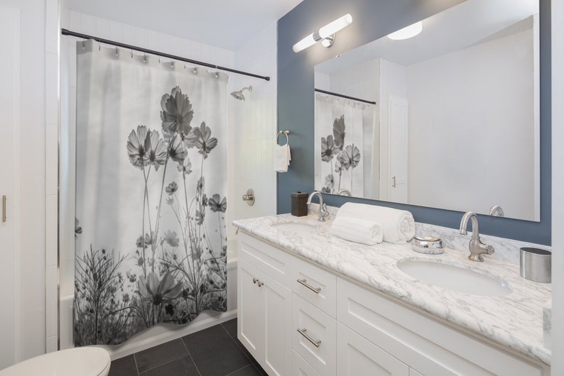 Flower Cosmos Daisies Spring Shower Curtain Black White - Image 2