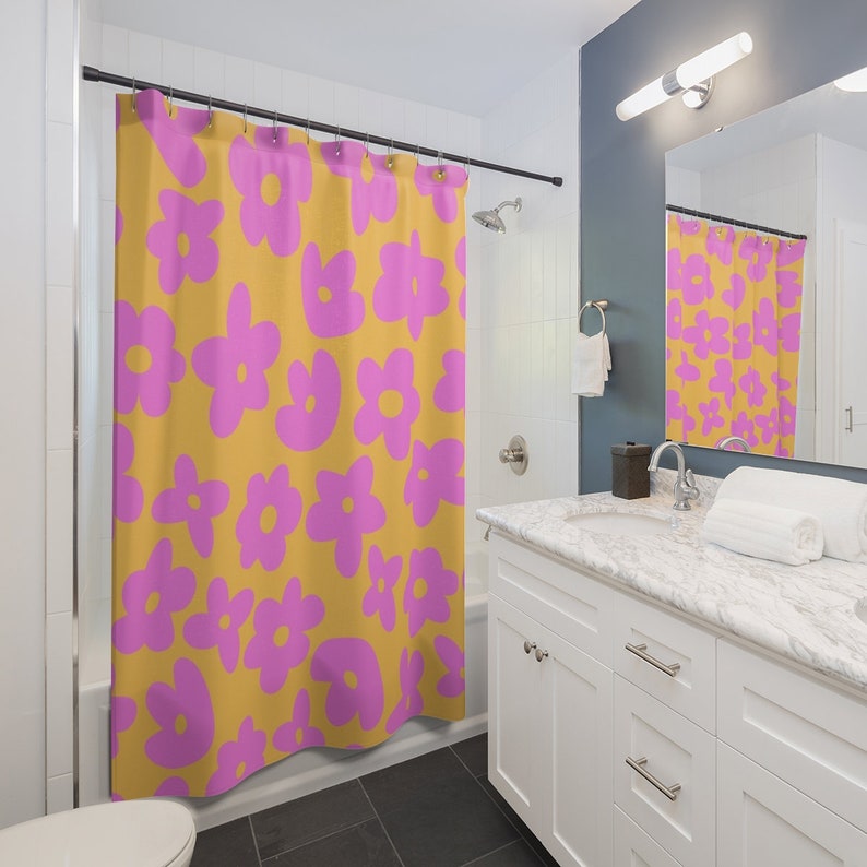 Flower Shower Curtain, Bathroom Decor and Design, Gift Idea, Shower Design, House Warming Gift, Mid-Century Modern, Flower Print - Image 2