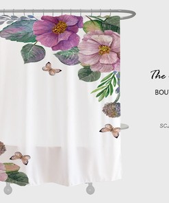 Flowers Butterfly Shower Curtain, Plant Floral Bathroom Decor, Minimalist Waterproof Washable Bath Curtain