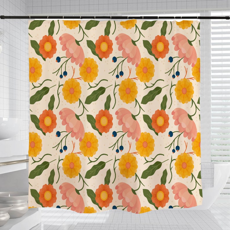 Flowers Purple Shower Curtain, Colorful Floral Bathroom Decor, Waterproof Washable Bath Curtain - Image 3