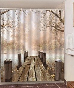 Foggy Morning By The River Shower Curtain, Scenic Landscape Fall Autumn, Home Bath Decor