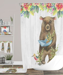 Folk Bear Shower Curtain Bath Mat, Towels
