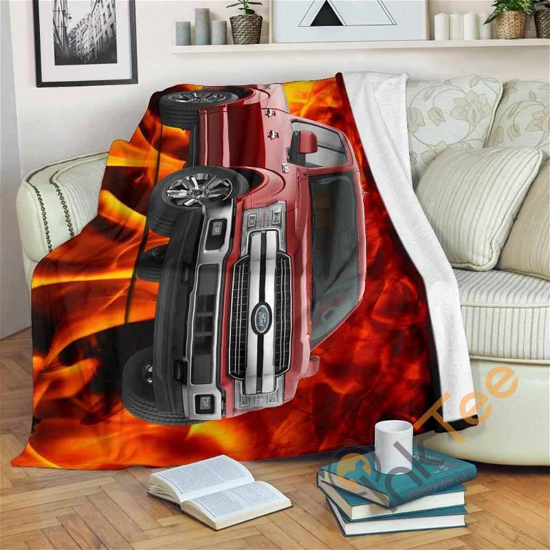 Ford F150 Orange Flames Car Art Sherpa Fleece Blanket Gifts for Family, for Couple
