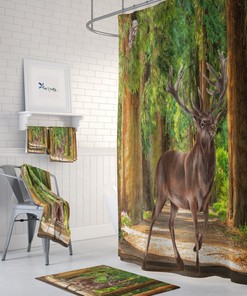 Forest Deer Shower Curtain Optional Lodge Cabin Bathroom Set