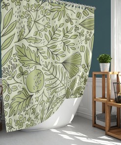 Forest Green Leaves Shower Curtain, Botanical Foliage Floral Leaves Autumn Fall