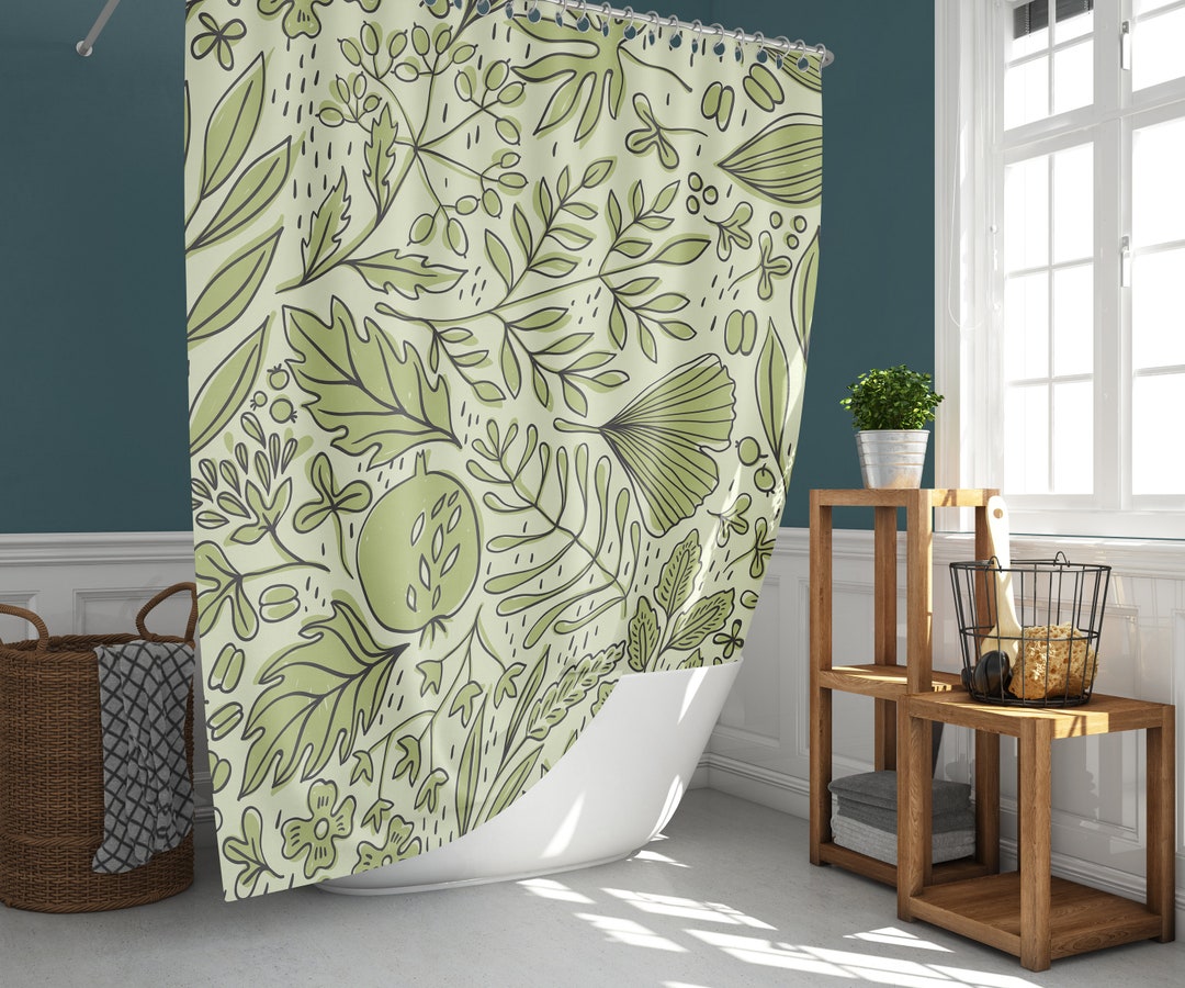 Forest Green Leaves Shower Curtain, Botanical Foliage Floral Leaves Autumn Fall