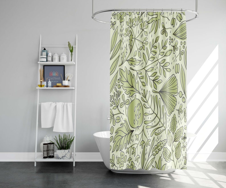 Forest Green Leaves Shower Curtain, Botanical Foliage Floral Leaves Autumn Fall - Image 2