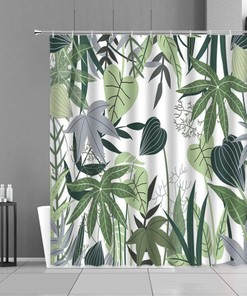 Forest Green Leaves Shower Curtain, Botanical Tropical Graphic, Fabric Bath Curtain Accessories