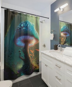 Forest Mushroom Shower Curtain, Psychedelic Mushroom Shower Curtain, Mid Century Modern Curtain