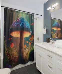 Forest Mushroom Shower Curtain, Psychedelic Mushroom Shower Curtain, Midcentury Modern Curtain