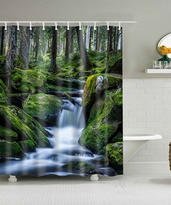 Forest Waterfall Shower Curtain, Outdoor Scenic Landscape Trees, Bath Curtain Mat