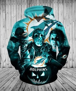 Freddy Jason Michael Myers Loves Miami Dolphins Pumpkin Head Halloween Hoodie 3D
