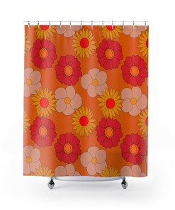 Funky Orange Mod Daisies Shower Curtain In Durable Polyester for 6 And 7 Retro or Boho Bathroom Decor