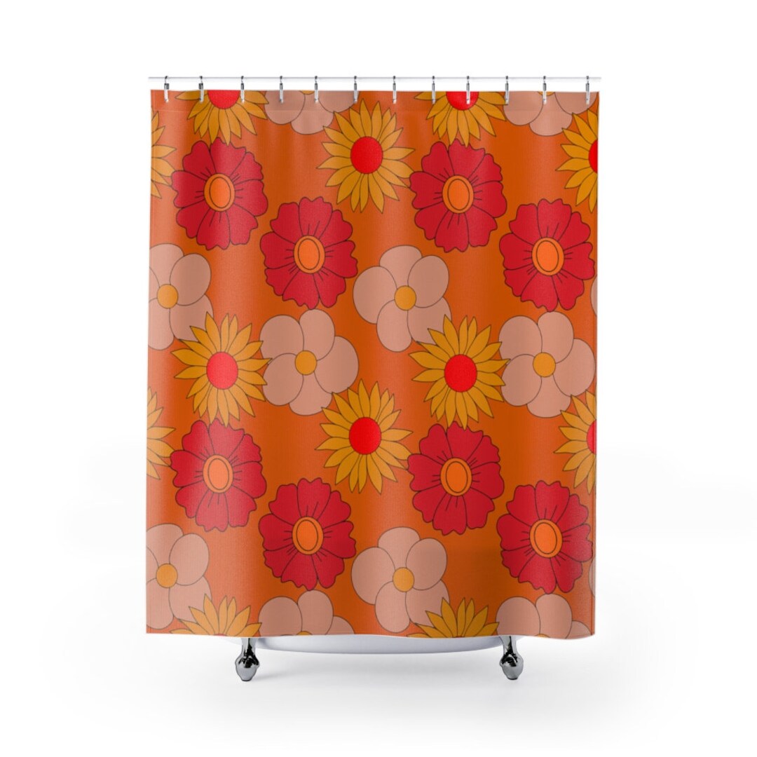 Funky Orange Mod Daisies Shower Curtain In Durable Polyester for 6 And 7 Retro or Boho Bathroom Decor