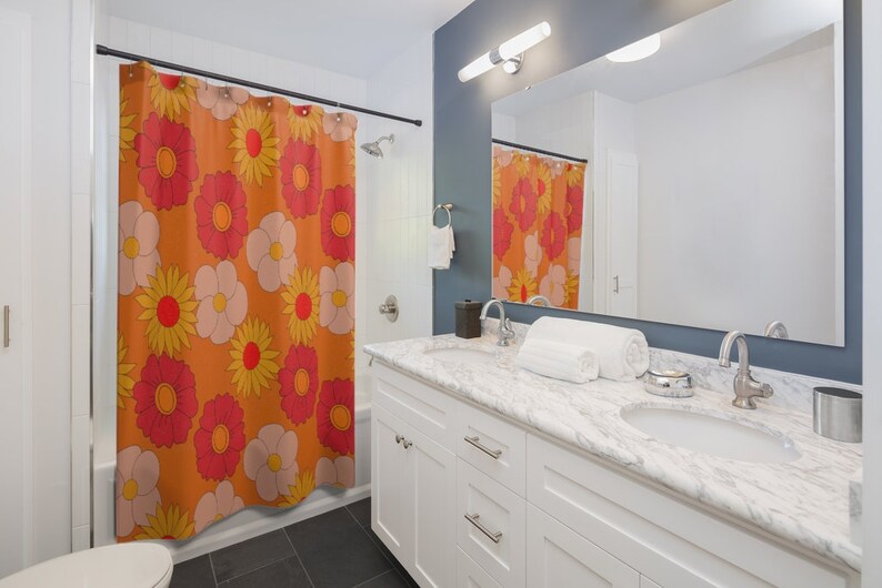 Funky Orange Mod Daisies Shower Curtain In Durable Polyester for 6 And 7 Retro or Boho Bathroom Decor - Image 3
