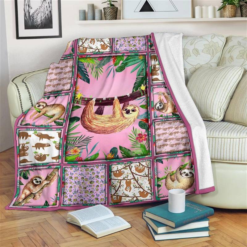 Funny Doodle Sloth Pink Sloth Lover Sherpa Fleece Blanket Gifts for Family, for Couple
