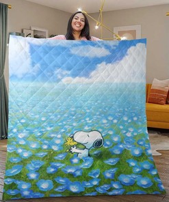 Funny Snoopy Quilt Blanket Bedding Set, Peanuts Snoopy Woodstock Flowers Quilt Blanket Bedding Set
