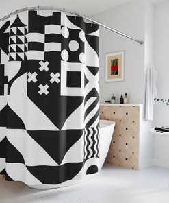 Geometric Abstract Black And White Shower Curtain Or Mat, Modern Designer Curtain, Bathroom Curtain, Decoration, Minimalist Home Decor Art