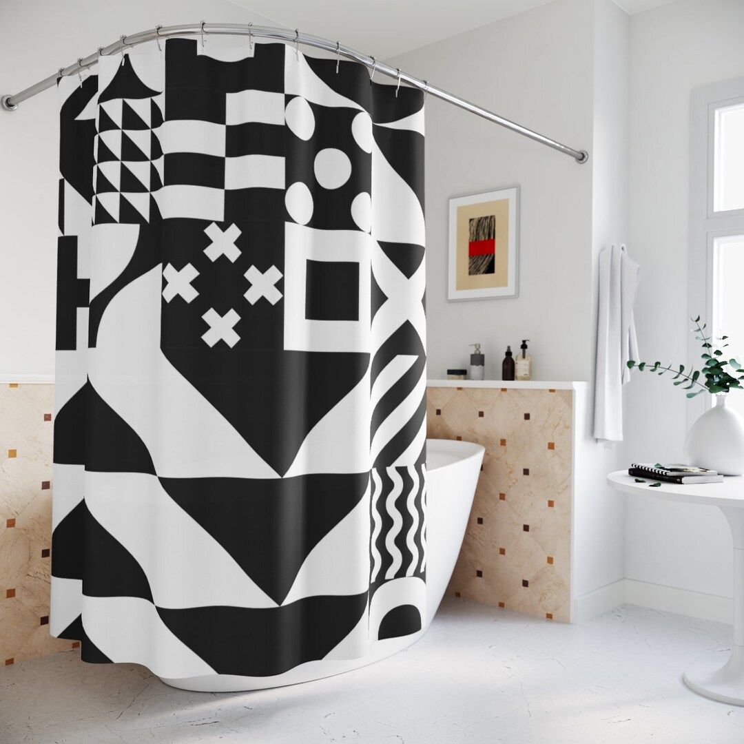 Geometric Abstract Black And White Shower Curtain Or Mat, Modern Designer Curtain, Bathroom Curtain Decoration, Minimalist Home Decor Art