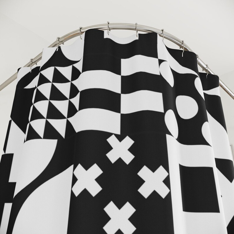 Geometric Abstract Black And White Shower Curtain Or Mat, Modern Designer Curtain, Bathroom Curtain Decoration, Minimalist Home Decor Art - Image 2