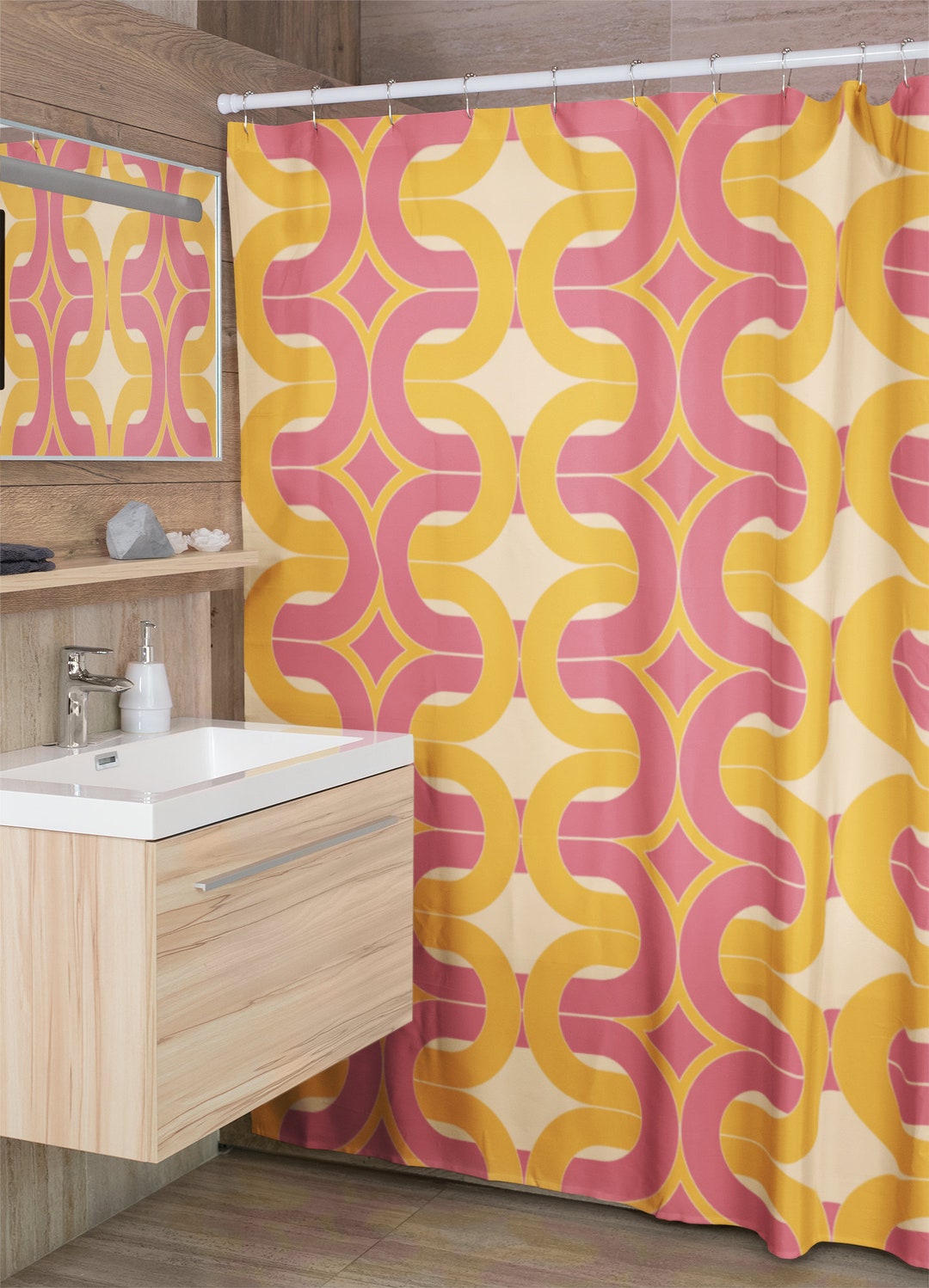 Geometric Hippie Retro Shower Curtain - Groovy 60's And 70's Bathroom Decoration