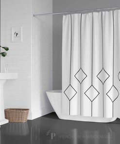 Geometric Shower Curtain, Minimal Abstract Diamond Line Art Design Bath Curtain, Art Deco Style Bathroom Decor in Black and White
