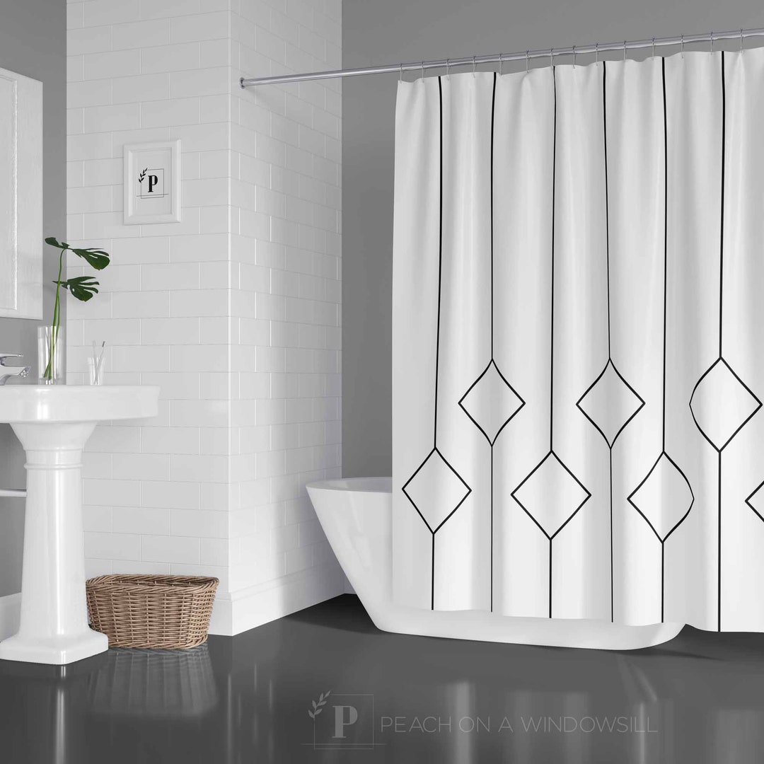 Geometric Shower Curtain, Minimal Abstract Diamond Line Art Design Bath Curtain, Art Deco Style Bathroom Decor in Black and White