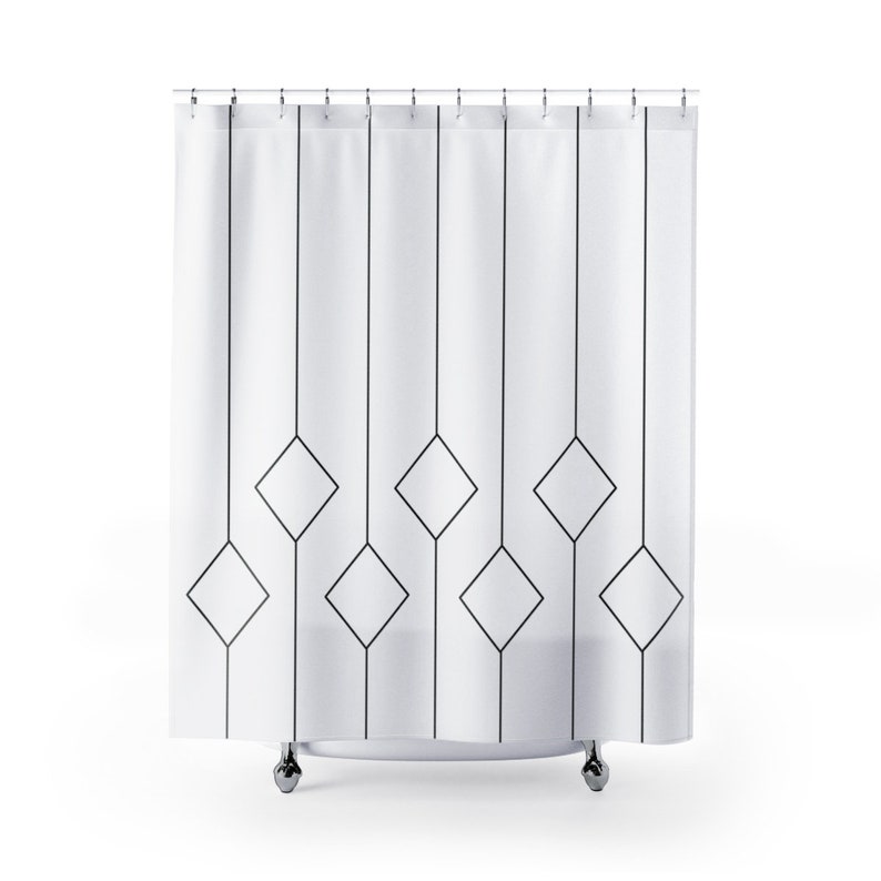 Geometric Shower Curtain, Minimal Abstract Diamond Line Art Design Bath Curtain, Art Deco Style Bathroom Decor in Black and White - Image 2