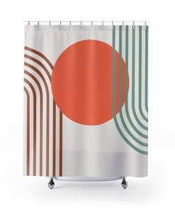 Geometric Shower Curtain, Modern Abstract Bath Curtain, Green Brown Gray Orange Bathroom Curtain, Boho Bathroom Design Decor Ideas