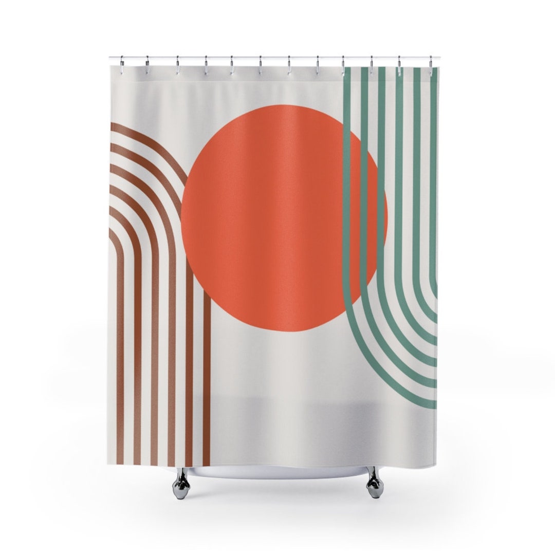 Geometric Shower Curtain, Modern Abstract Bath Curtain, Green Brown Gray Orange Bathroom Curtain, Boho Bathroom Design Decor Ideas