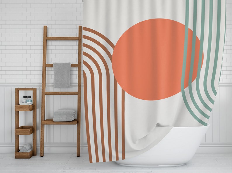 Geometric Shower Curtain, Modern Abstract Bath Curtain, Green Brown Gray Orange Bathroom Curtain, Boho Bathroom Design Decor Ideas - Image 2